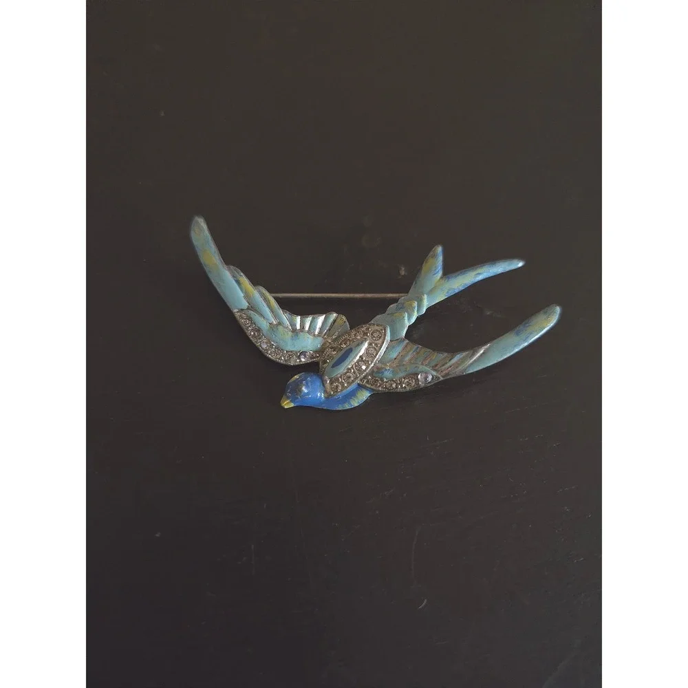 Vintage Blue Enamel Swallow Bird Rhinestone Brooch Pin Rockabilly Retro
